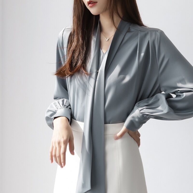 Áo sơ mi nữ vải lụa tay phồng, dài tay thanh lịch công sở