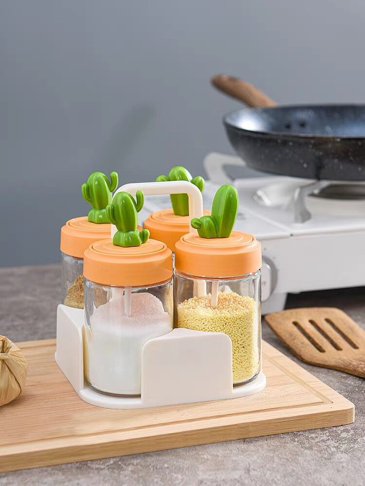 Hũ đựng gia vị thủy tinh xương rồng lọ gia vị dung tích 240ml có thìa nắp xoáy tiện lợi