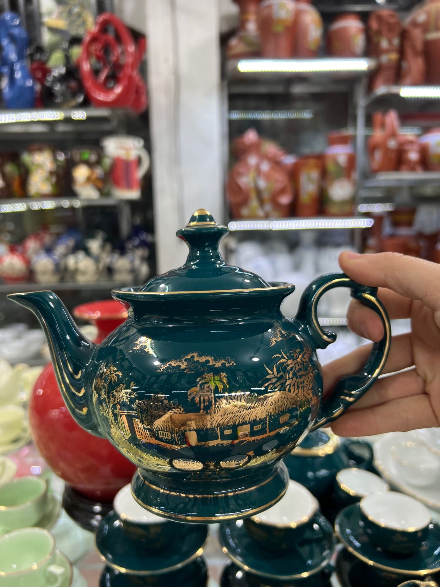 Bộ ấm chén vẽ vàng màu xanh cổ vịt hiện đại