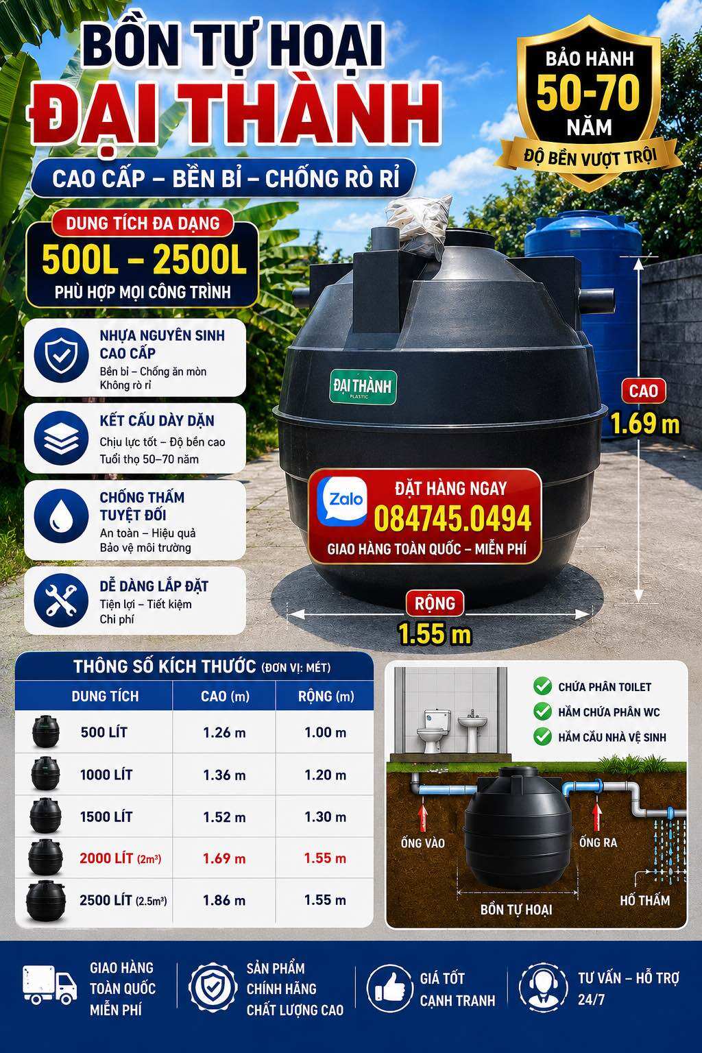 BỂ PHỐT TỰ HOẠI ĐẠI THÀNH 2000L (2m3) Hầm tự hủy phân composite 2 khối đứng bảo hành 50-70 năm – GIAO MIỄN PHÍ TOÀN QUỐC
