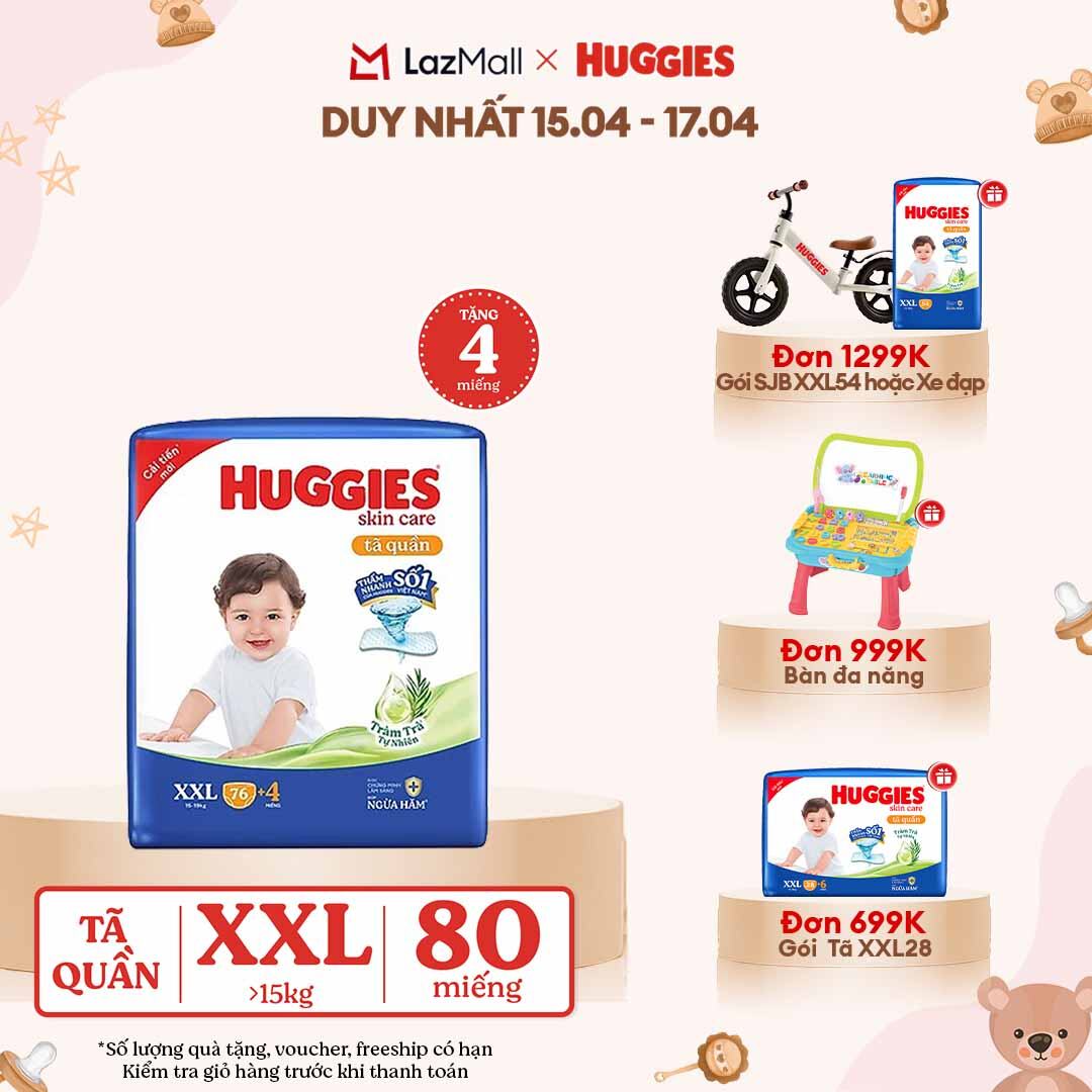 [CHỈ 18-24.04 GIẢM THÊM 90K]  Gói Tã/bỉm quần HUGGIES SKINCARE MEGA JUMBO size XXL76+4 miếng