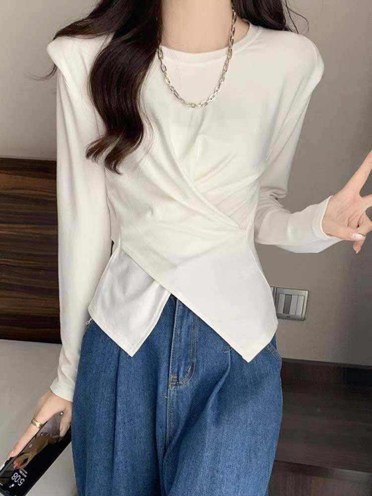 Áo thun zip nhún eo xẻ tà trước cổ tròn tay dài