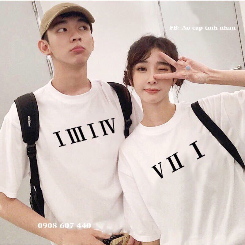 Áo thun đôi nam nữ tình nhân in ký tự La Mã