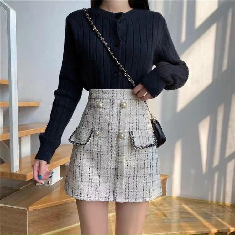 Chân váy Dạ Tweed 4 khuy túi nắp