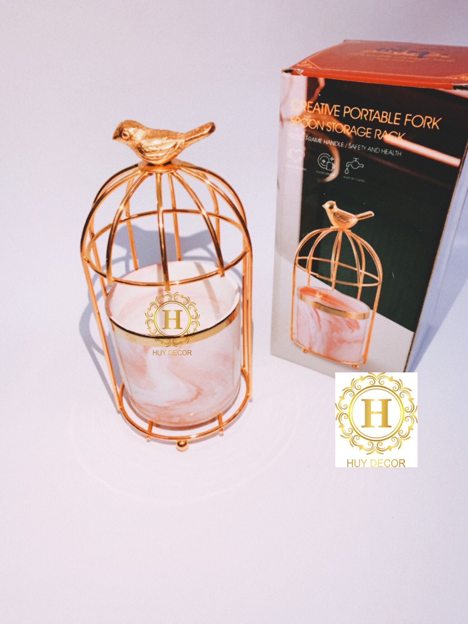 Giỏ thìa dĩa vân đá cẩm thạch hình lồng chim Huydecor
