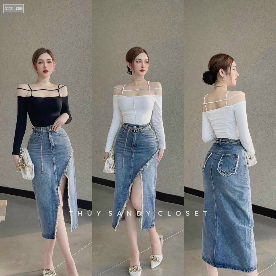 Váy Jean dài xẻ hông kèm nịt phom dài ôm vừa