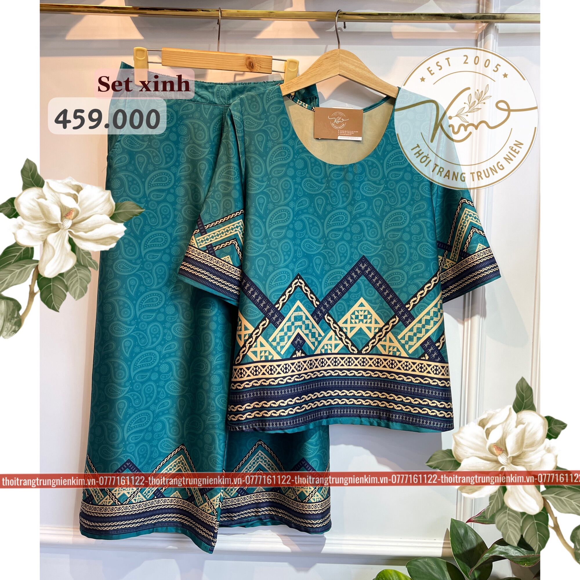 Sét bộ lụa trung niên cao cấp hoa văn hoạ tiết Tribal sang trọng Bigsize quần dài 85c
