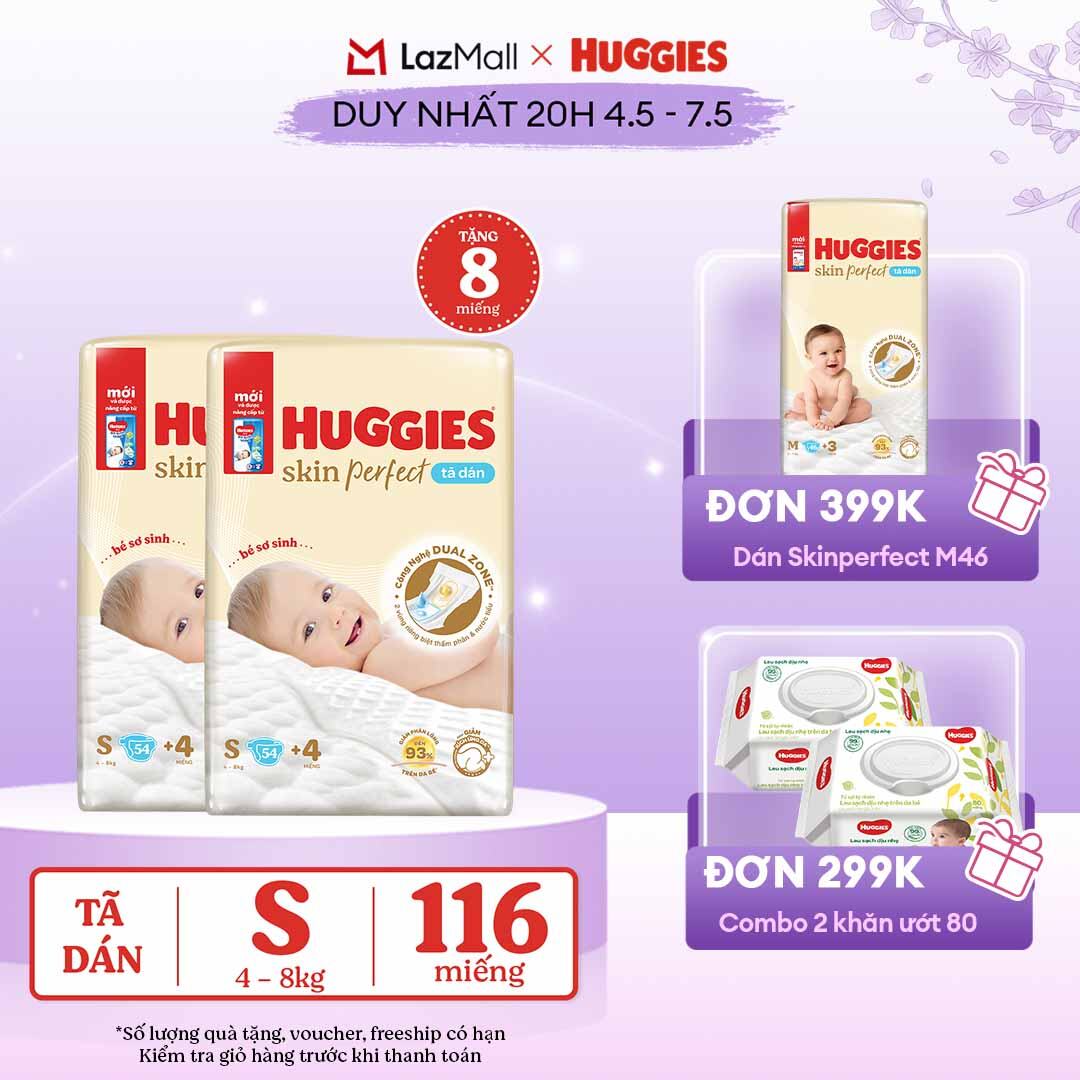 [CHỈ 20h 04-07.05 QUÀ TẶNG ĐƠN 0Đ]  Combo 2 Tã/bỉm dán sơ sinh Huggies Skin Perfect S 54 miếng với 2 vùng thấm giảm kích ứng da (số miếng tặng kèm thay đổi theo từng đợt nhập hàng)