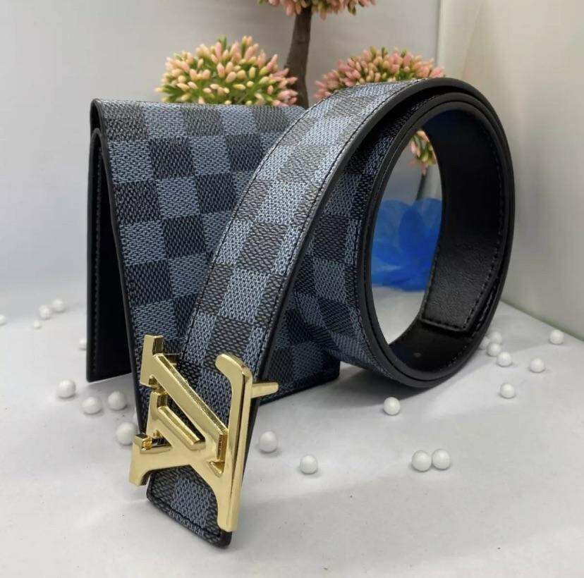 COMBO THẮT LƯNG/ DÂY NỊT NAM LV + VÍ/ BÓP DA NAM LV CAO CẤP KẺ CARO XANH ( KHÔNG HỘP )