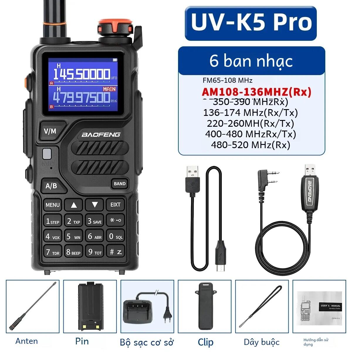 Bộ đàm Baofeng Uv K5 Plus 10w Air Band Bộ đàm không dây tầm xa Tần số sao chép Radio hai chiều với cổng USB Type-C