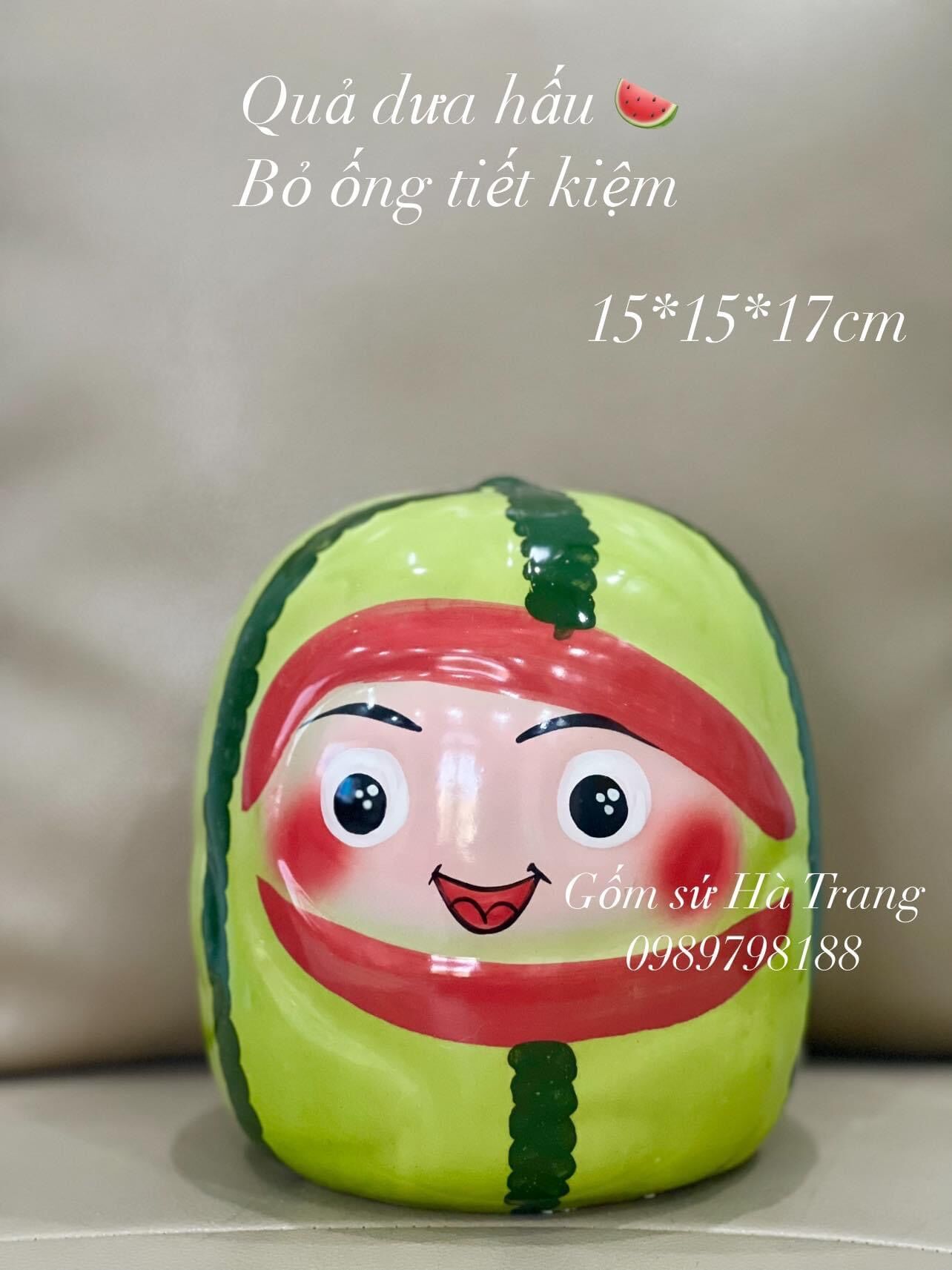 Quả dưa hấu bỏ ống tiết kiệm chất liệu gốm sứ Bát Tràng cao cấp vẽ tay cao 17cm