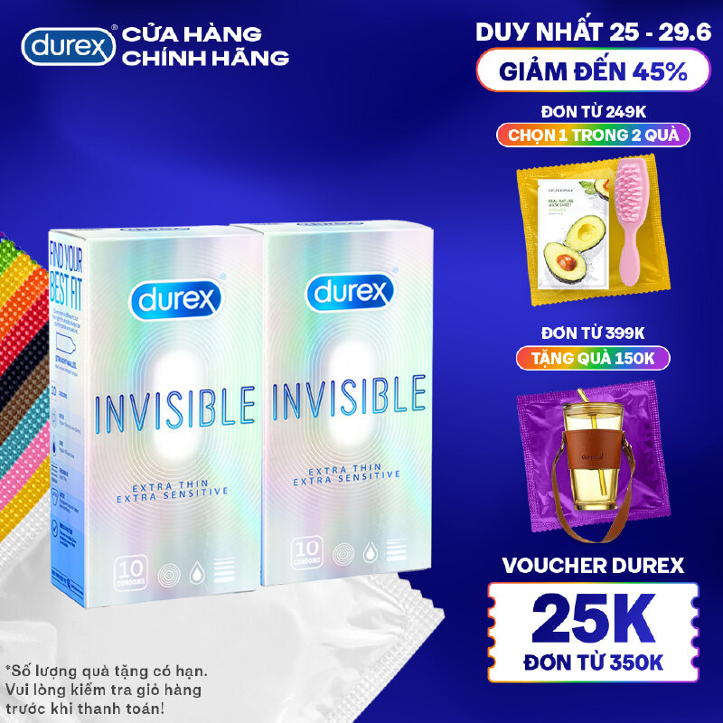 [Voucher giảm tối đa 45K đơn từ 349K] Bộ 2 hộp bao cao su Durex Invisible siêu mỏng, size 52mm, 10 bao/hộp