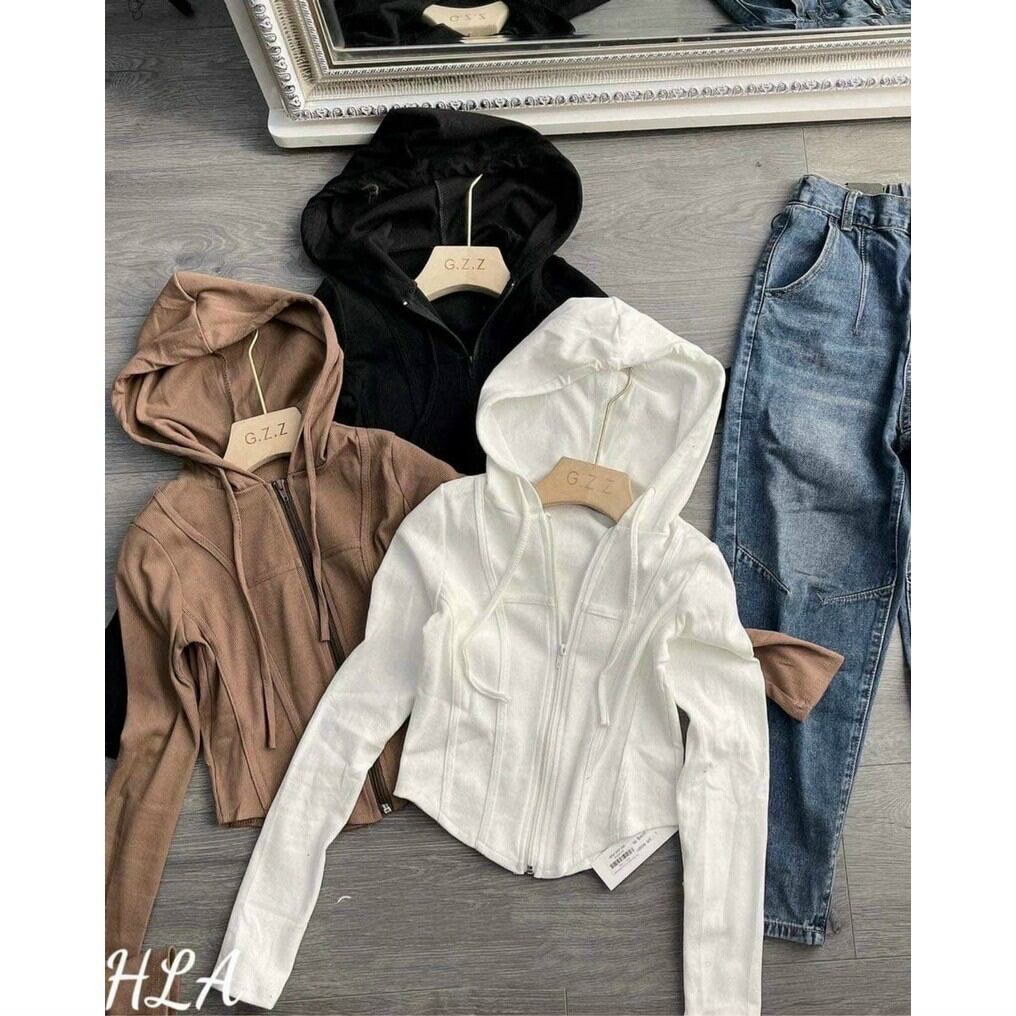 Áo Nón Dây Kéo fom croptop vải thun gân