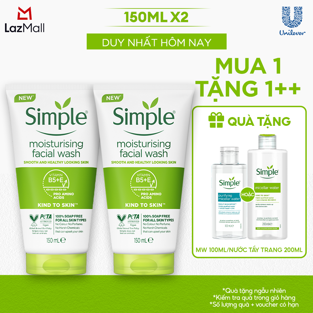 Combo 2 Sữa rửa mặt Simple sạch sâu hiệu quả - cho da thường 150ml [CHÍNH HÃNG ĐỘC QUYỀN] [DIỆN MẠO MỚI]