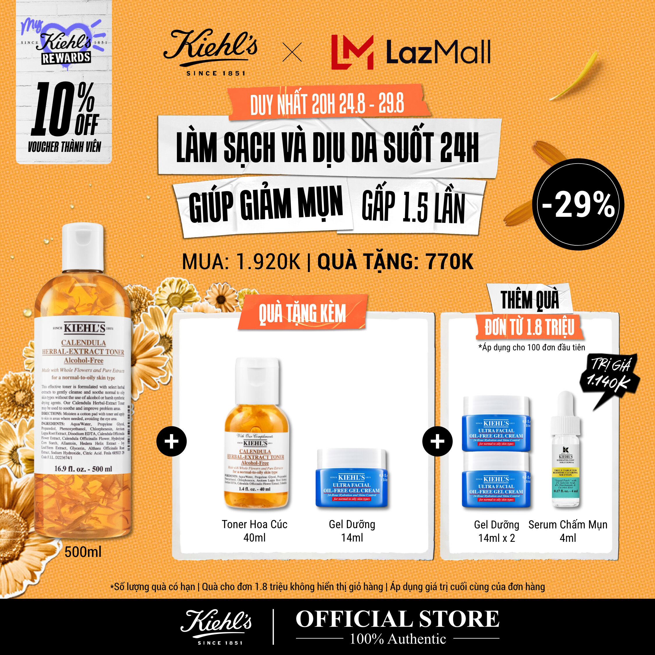 [VOUCHER 10% - TẶNG QUÀ ĐƠN 1.8TR] Nước cân bằng Hoa Cúc Kiehl's Calendula Herbal Extract Alcohol-Free Toner 500ML