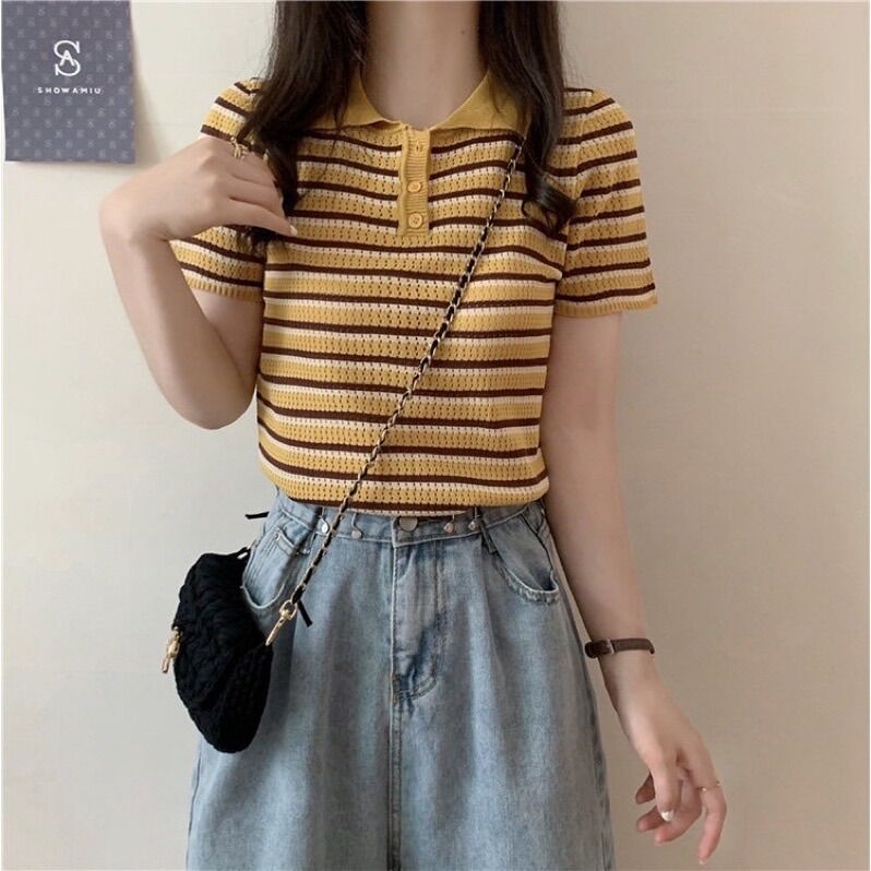 Áo cộc tay cổ polo kẻ ngang cá tính