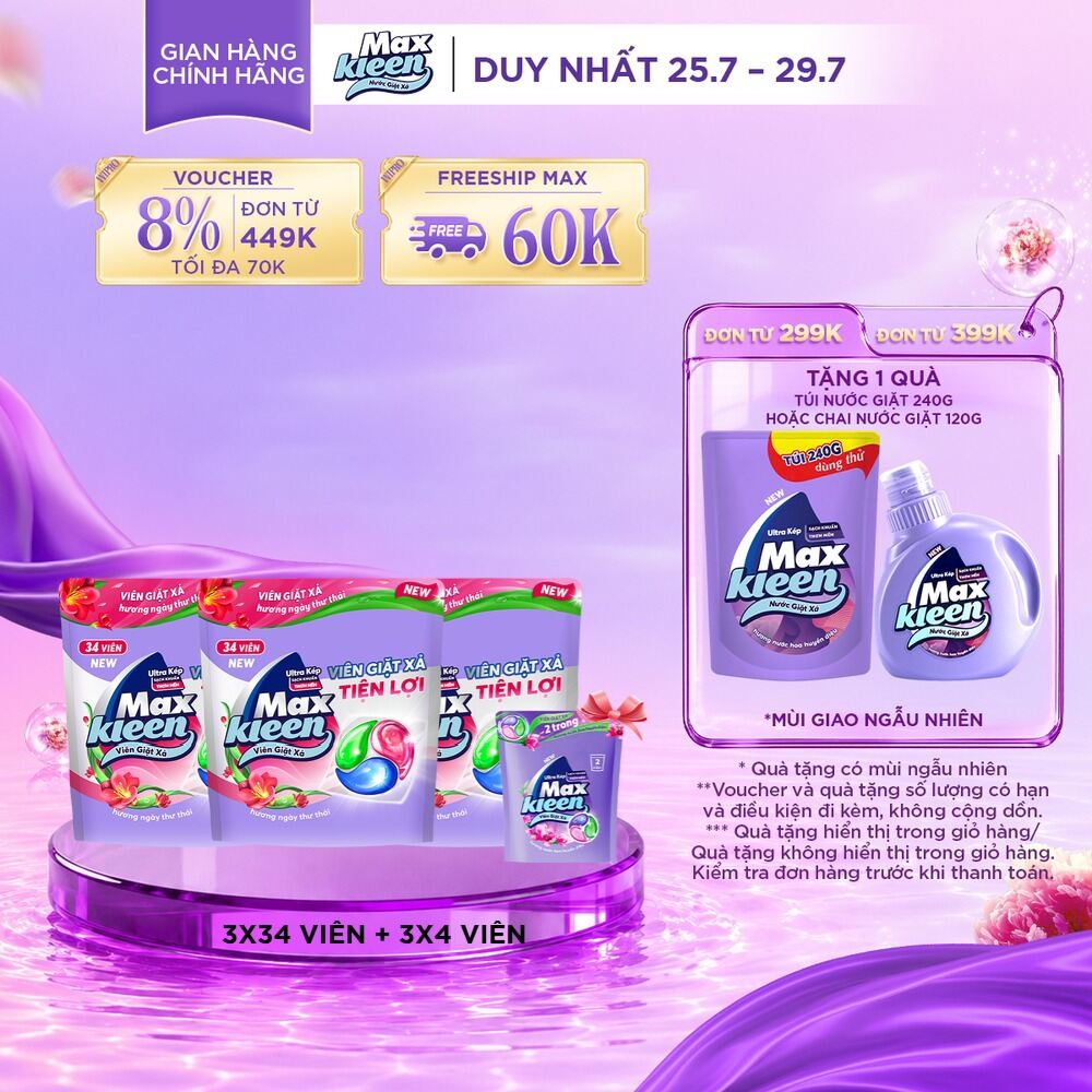 Combo 3 Túi Viên Giặt Xả MaxKleen Hương Ngày Thư Thái (Túi 34+4 Viên)