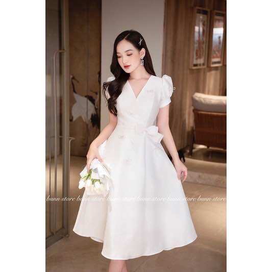 🌸 Đầm Trắng gắn nơ hàng mới đủ size Mẹ & Bé (có bán lẻ)