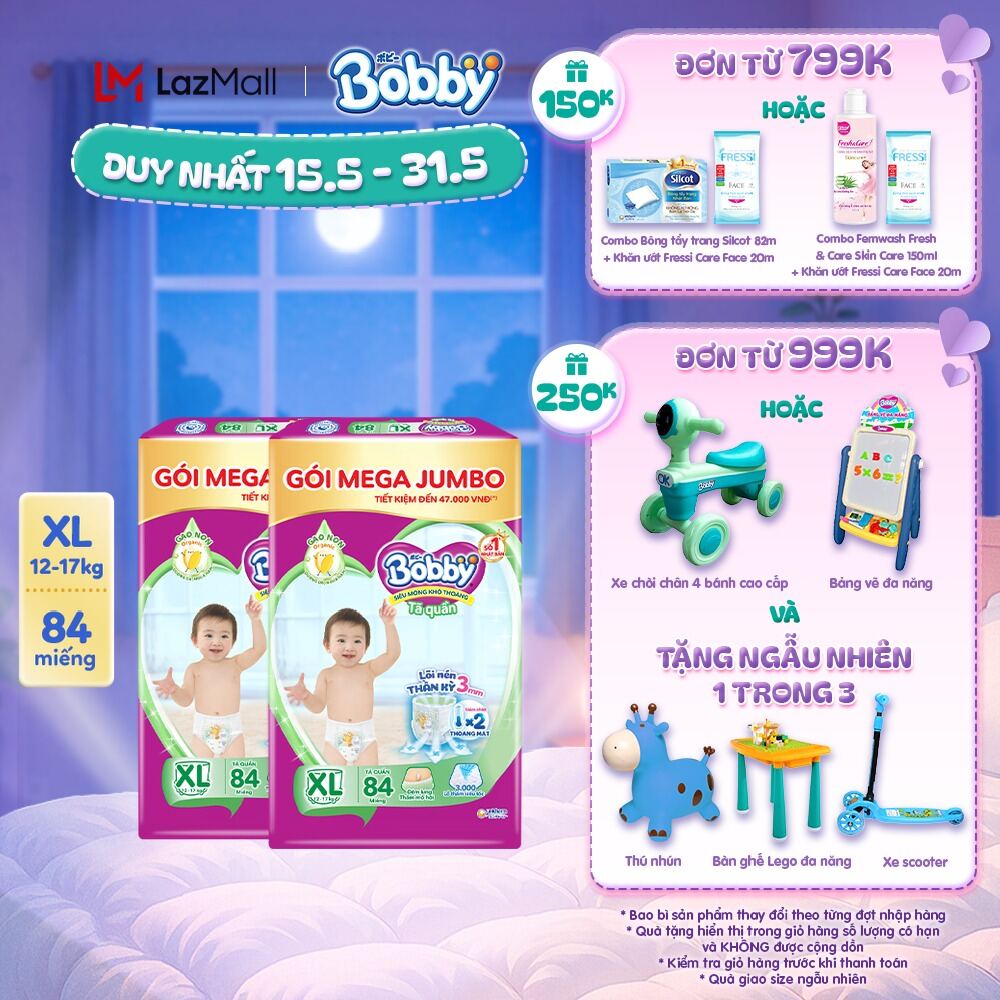 Combo 2 Tã/bỉm quần Bobby 3mm Gạo non XL84