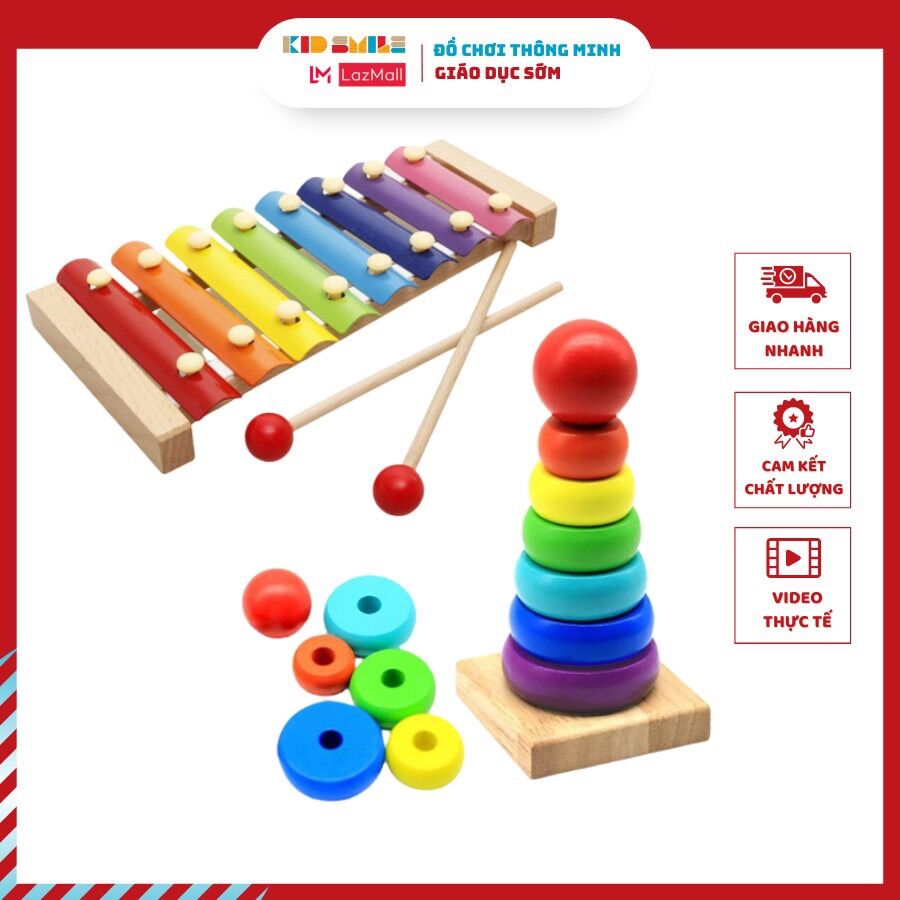 Combo 2 Đồ Chơi Gỗ Cơ Bản Xếp Tháp Và Đàn Xylophone Cho Trẻ Từ 2 Tuổi Trở Lên Phát Triến Trí Thông Minh Và Tư Duy Logic