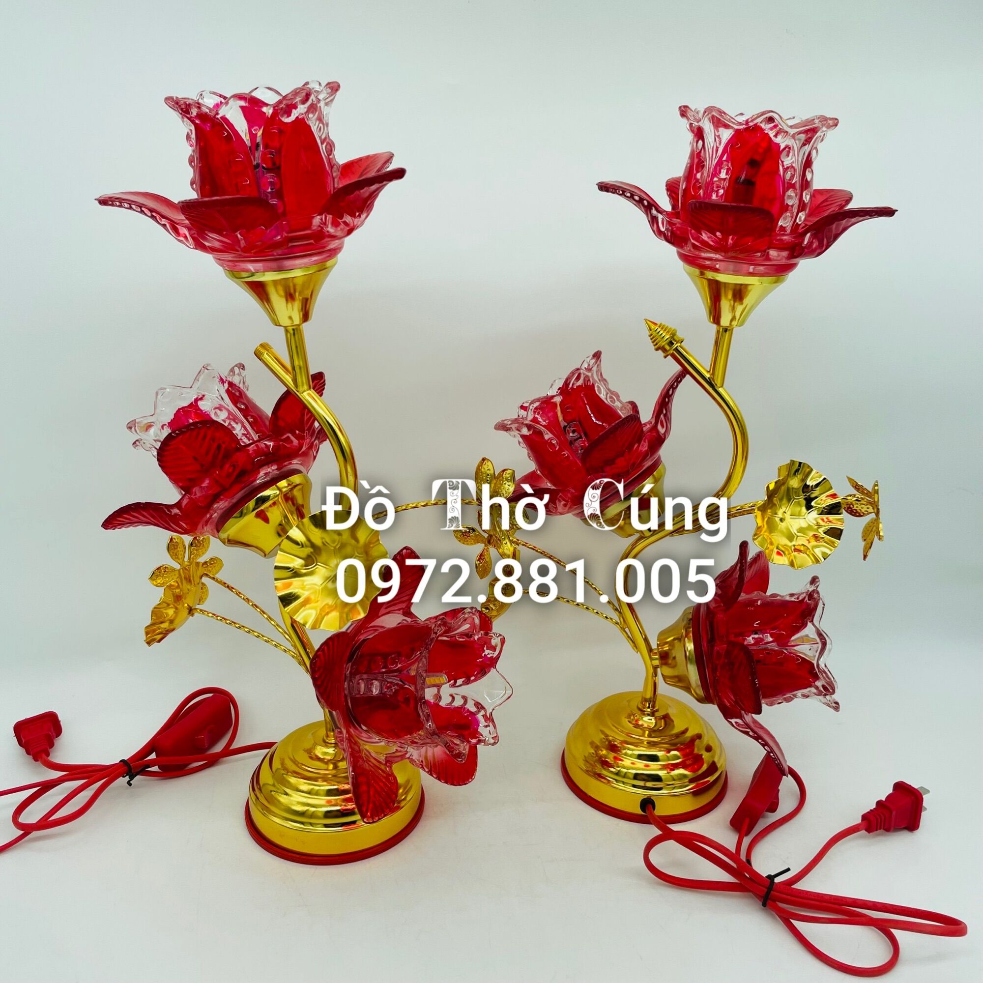 Đèn thờ thủy tinh 3 bông sen màu đỏ