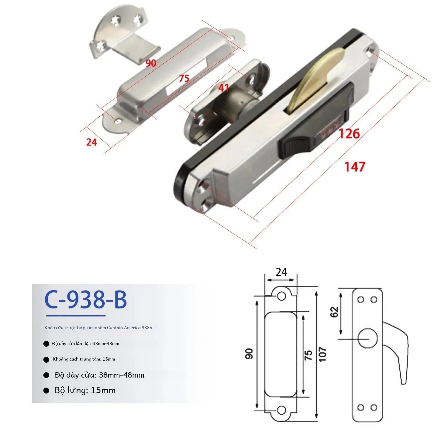 Lớn Đội Hình Lãnh Đạo Khóa Cửa Hợp Kim Nhôm C-938-A/B Kéo Đẩy Cửa Trượt Khóa Móc Khóa An Toàn Gia Đình