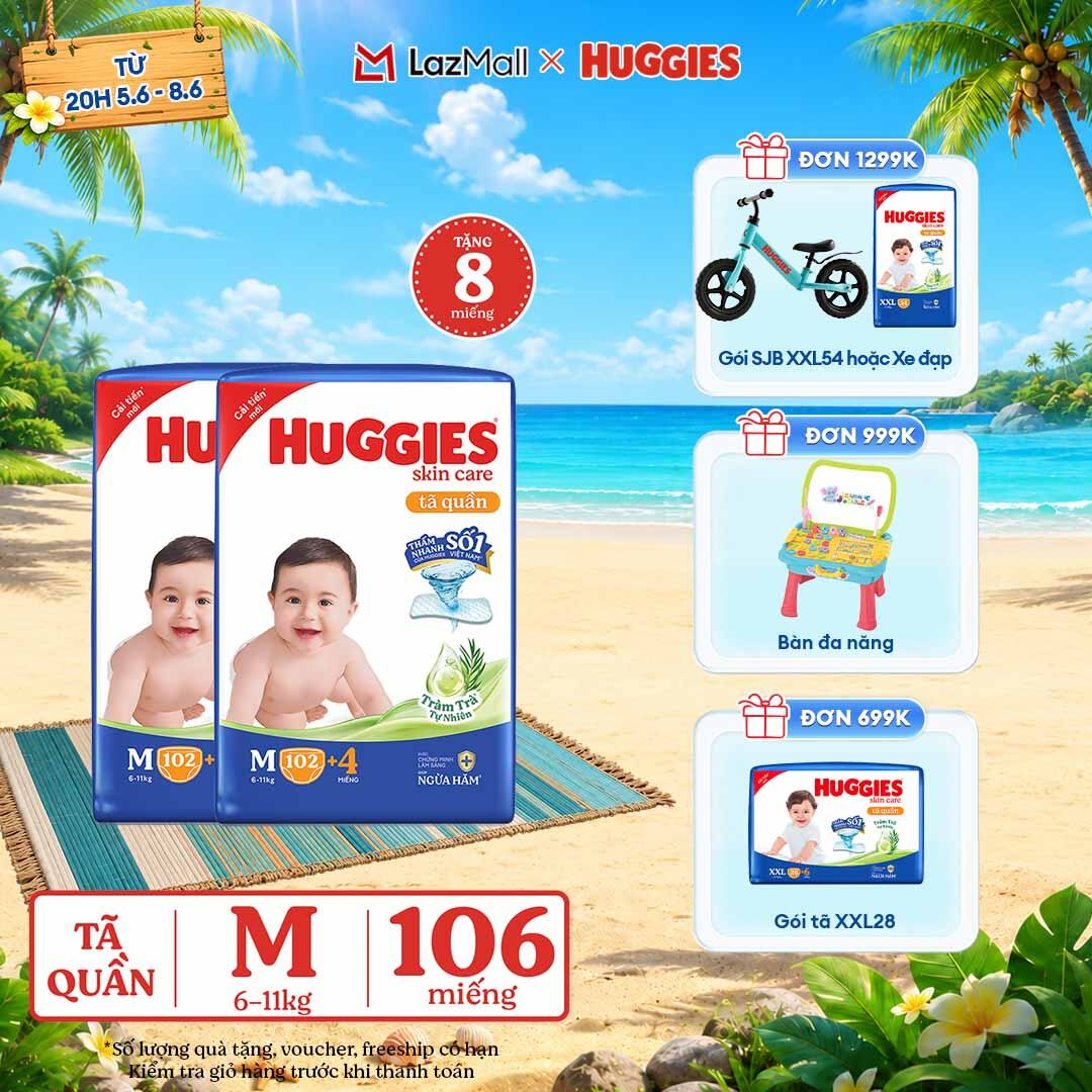 [CHỈ 9-10.6 GIẢM THÊM 90K] Combo 2 Gói Tã/bỉm quần HUGGIES SKINCARE MEGA JUMBO size M102+4 miếng