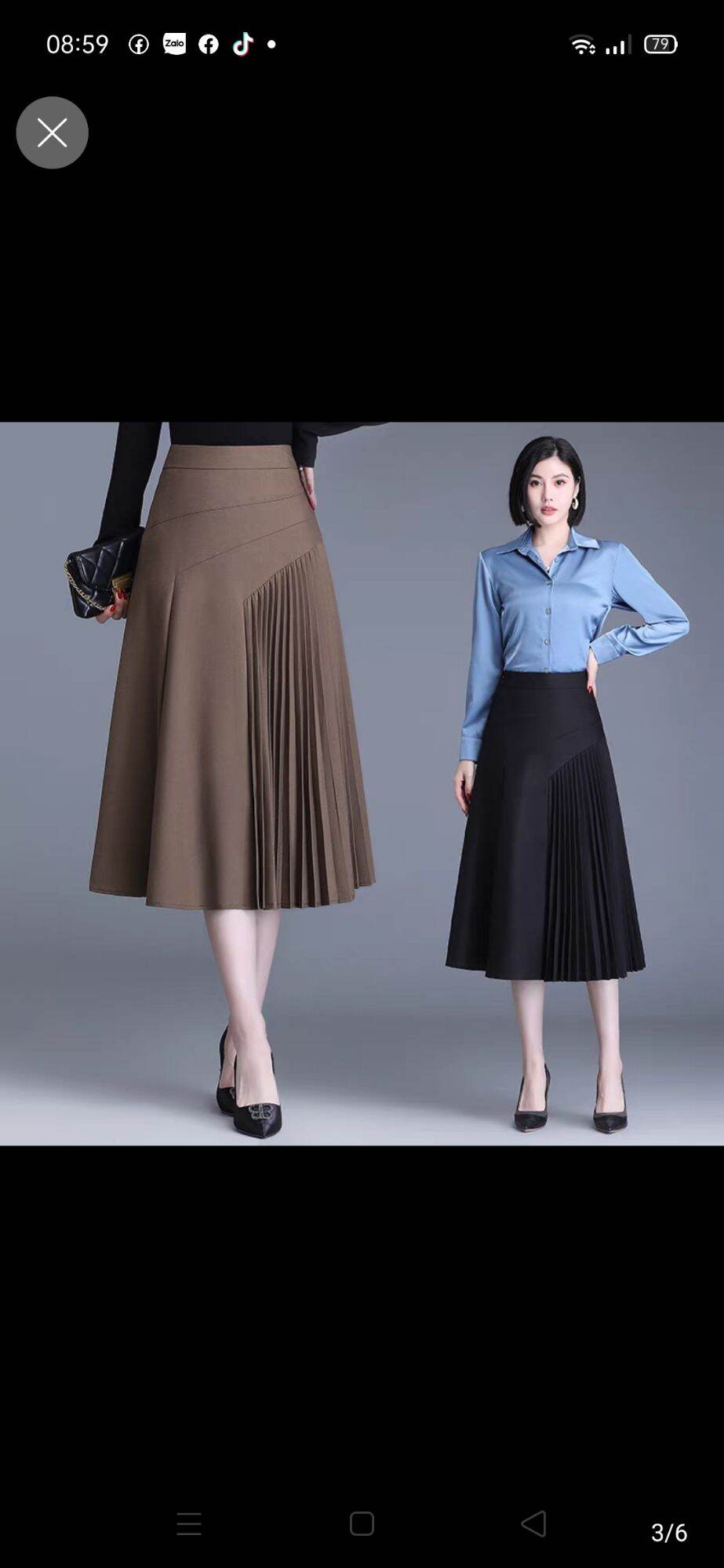Chân váy xếp ly dáng dài, xếp ly một bên