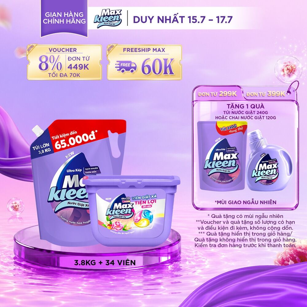 Combo Túi nước giặt xả 3.8 kg + Túi viên giặt xả 34 viên MaxKleen hương Huyền Diệu