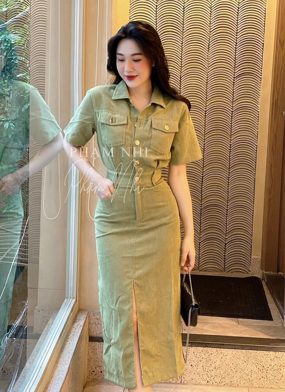 Váy nhung tăm sê trước cúc đồng