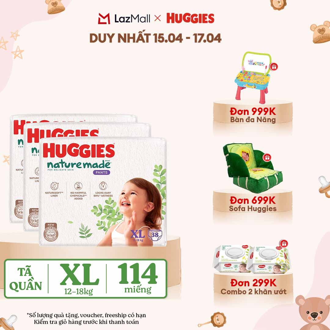 [CHỈ 18-24.04 QUÀ TẶNG ĐƠN 399K](Mua 1 tặng 1) Combo 3 Tã/Bỉm quần HUGGIES PLATINUM NatureMade XL38 (12-18kg)-Gói Jumbo 38 miếng