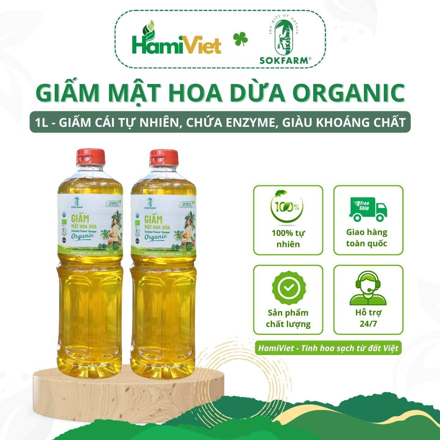 Giấm mật hoa dừa hữu cơ Sokfarm 1L từ 100% tự nhiên có giám cái tự nhiên, chứa enzyme, giàu khoáng