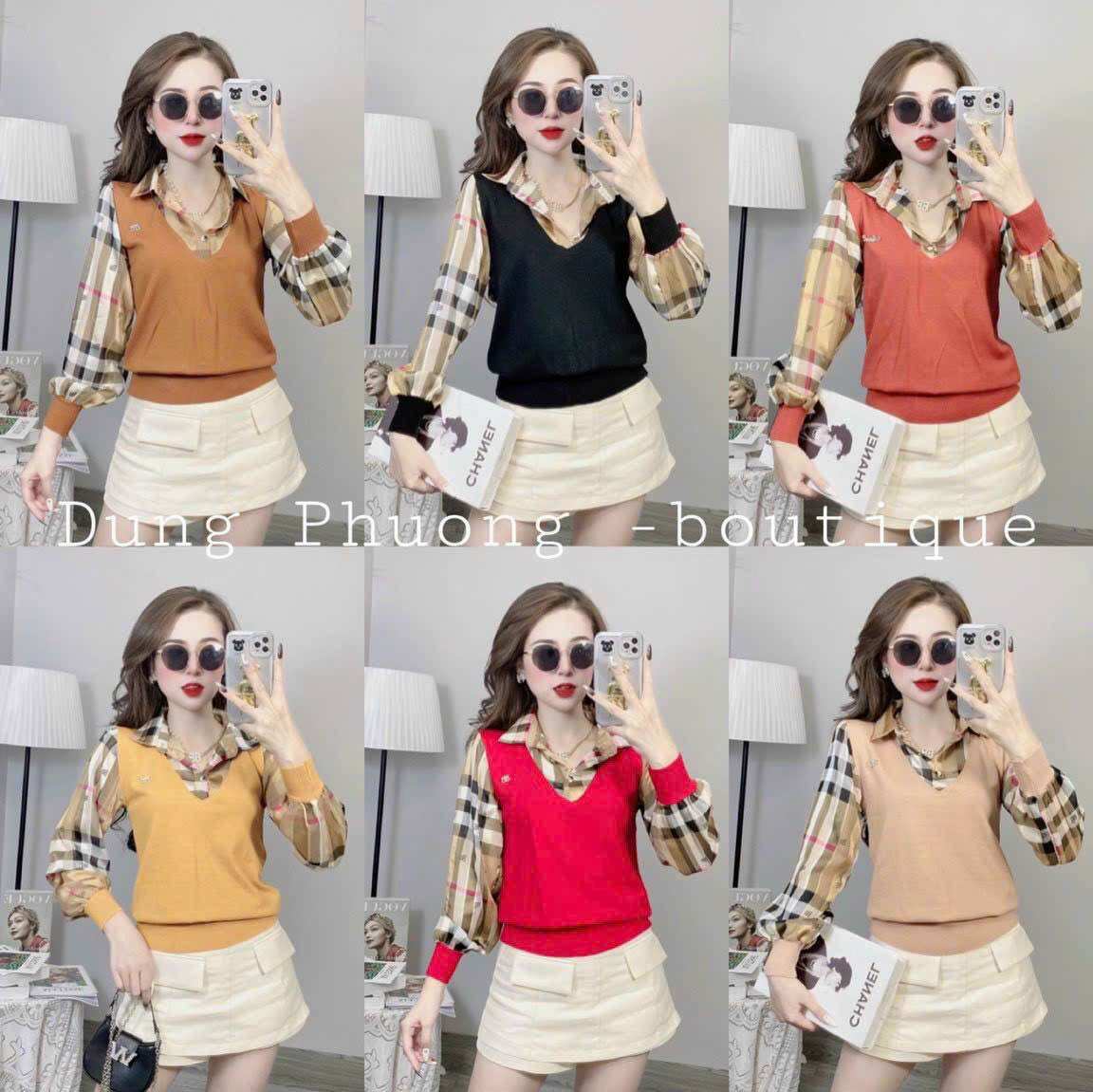 Áo Len Nữ Pha Cổ Sơ Mi Tay Lụa Phồng Ép Vân, Áo Nữ Thân Len Rile phối Tay Lụa
