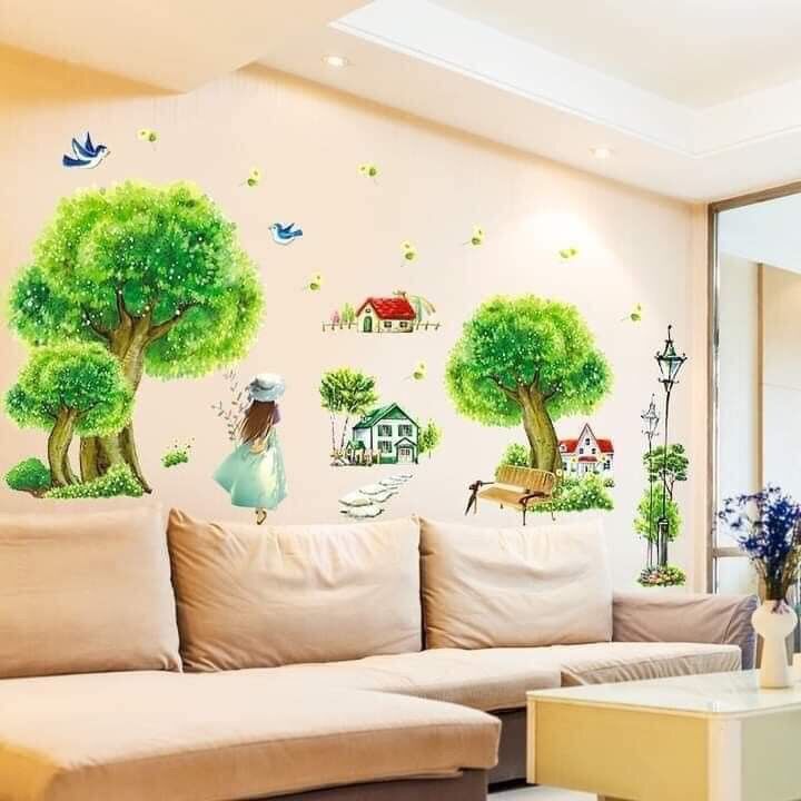 Tranh dán tường, Decal dán tường cây xanh cô gái