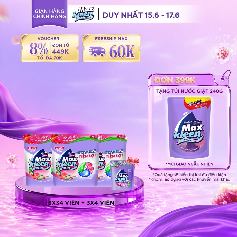 Combo 3 Túi Viên Giặt Xả MaxKleen Hương Ngày Thư Thái (Túi 34+4 Viên)