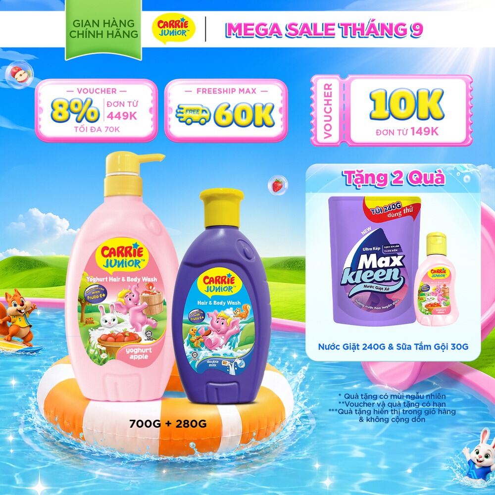 Combo Chai Sữa Tắm Gội Cho Bé Carrie Junior chiết xuất trái cây thiên nhiên Yoghurt hương Táo 700g + Tinh Chất Sữa 280g