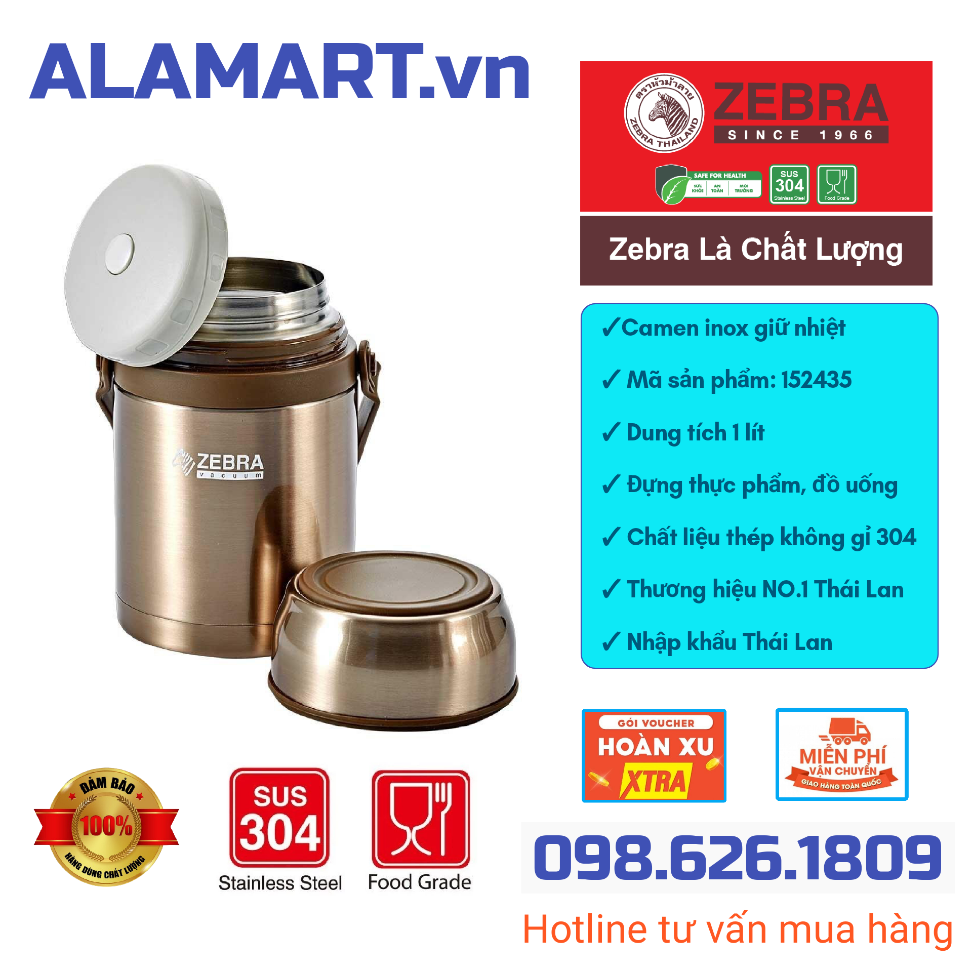 Bình ủ cháo giữ nhiệt Zebra Picnic 1 lít - hàng Thái Lan cao cấp 152435