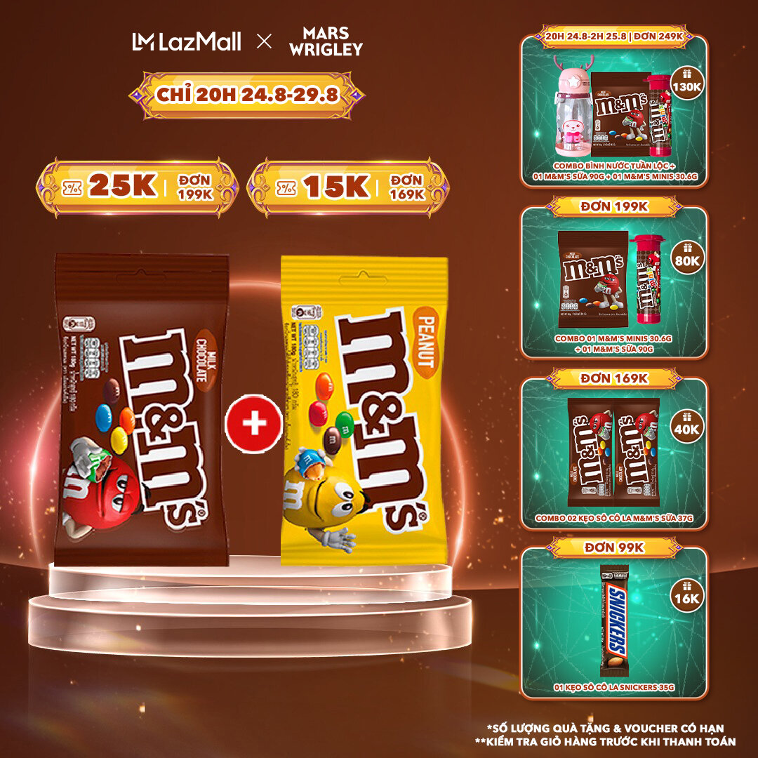 Combo 2 gói kẹo sô cô la sữa & đậu phộng m&m's gói 180g