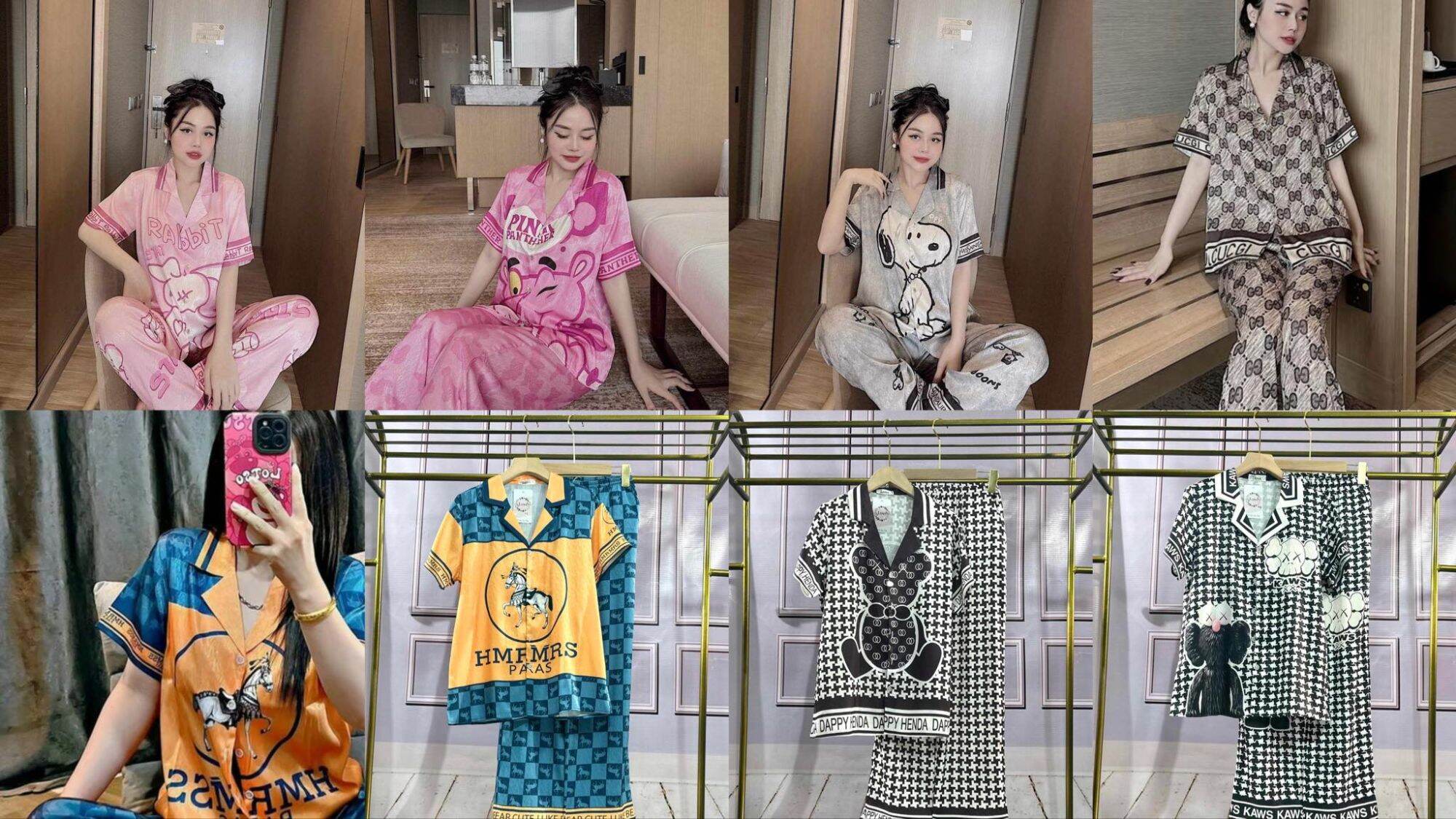 Đồ bộ pijama lụa xước nữ  [NÚT ĐÁ]  thương hiệu size từ 40 đên 62kg