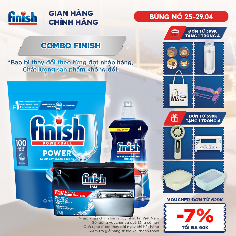 Combo Finish siêu cấp: Hộp 100 Viên Rửa Bát Finish Everyday Clean  Shine + Nước Làm Bóng Finish 500ml + Muối Rửa Chén Finish Salt