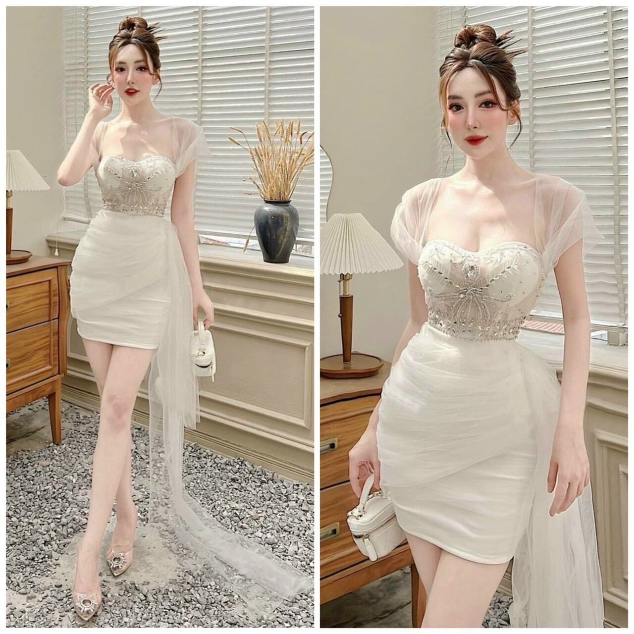 ĐẦM BODY BẸT VAI LƯỚI NHÚNG KẾT PHA LÊ
