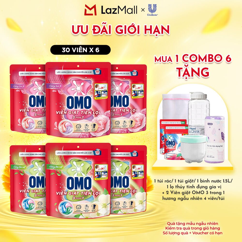 Combo 6/10 túi viên giặt tiện lợi OMO 3 trong 1 (30-50 viên/túi) (bao bì tùy lô nhập hàng)