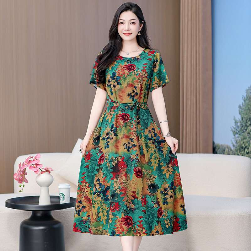 Sợi Cao Mới Cotton Vải Bông Lụa Đầm Phụ Nữ Mùa Hè Mẹ Trung Niên Dài Đến Đầu Gối Họa Tiết In Thanh Lị