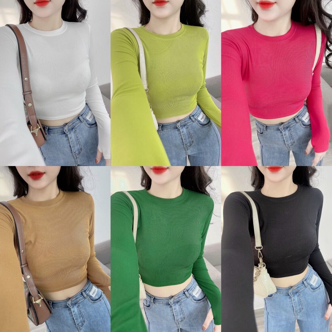 Áo thun dáng ôm nữ Croptop cổ tròn tay dài xỏ ngón ( tăm TD C.H )