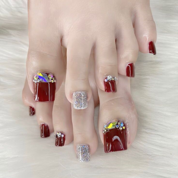Móng chân giả đỏ cherry 6 mẫu AF01 tặng keo dán móng và dũa