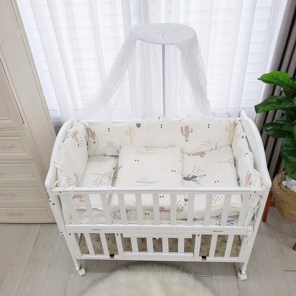 Nôi Cũi Giường Umoo 2 Tầng, Cũi Gỗ Thông Cho Bé 3 trong 1[ Tặng kèm màn chụp toàn phần]