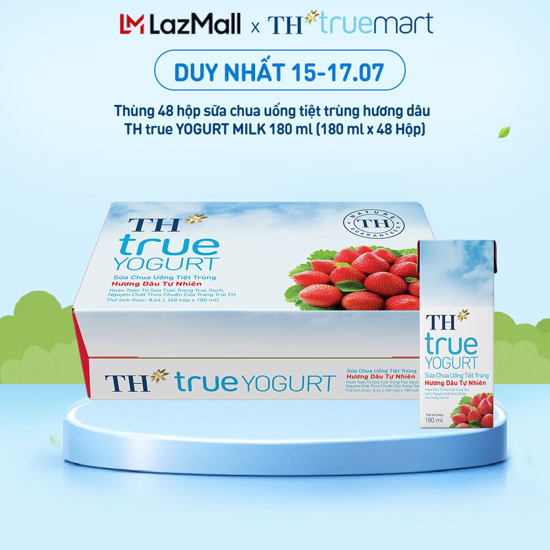 Thùng 48 hộp sữa chua uống tiệt trùng TH true YOGURT hương dâu tự nhiên 180 ml (180 ml x48)