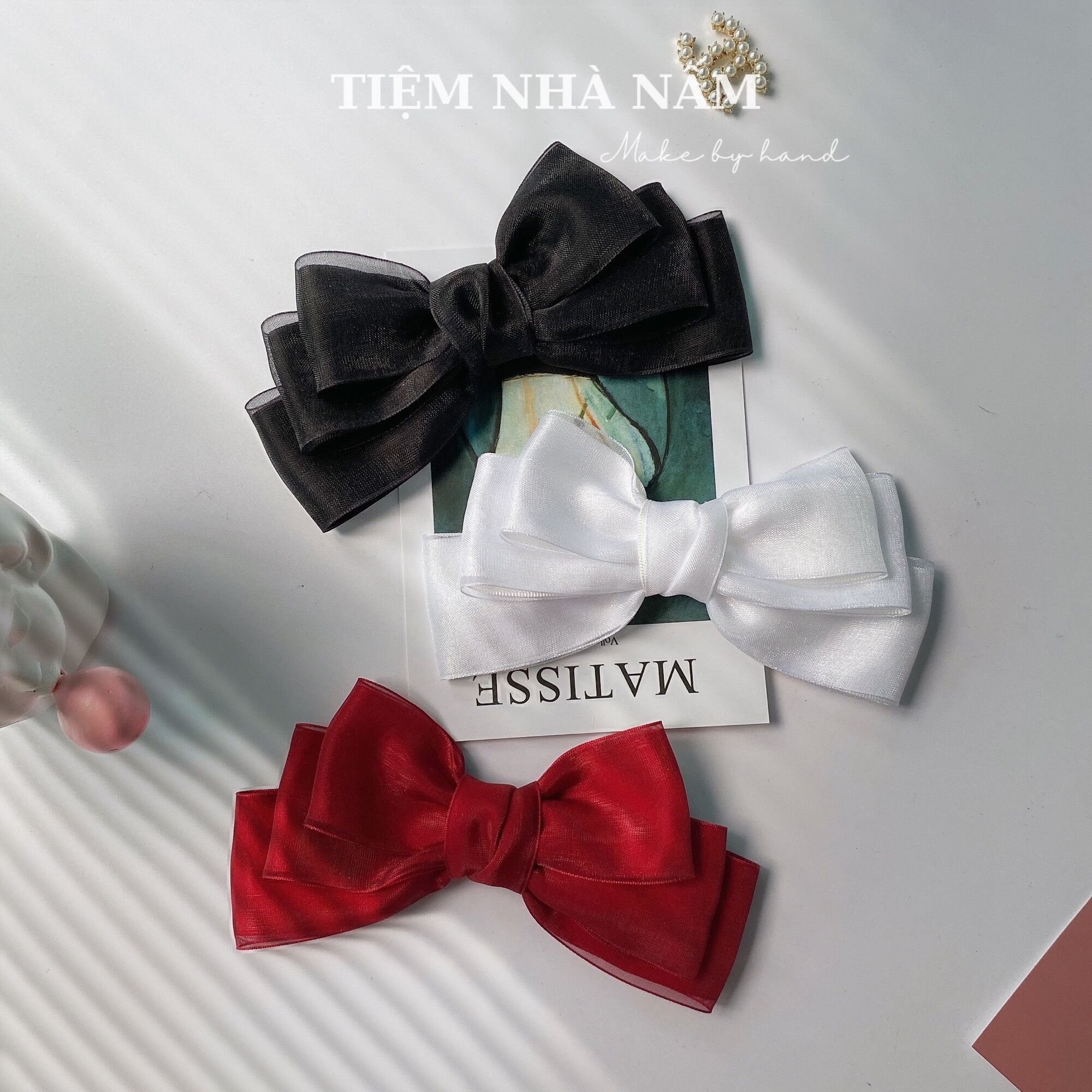 🎀 KẸP TÓC NƠ TO SATIN PHỐI VOAN HÀN QUỐC - [ Nhà Nấm handmade]