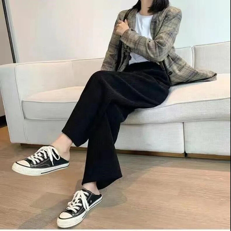 Quần Ống Rộng Chenille Màu Trắng Lót Nhung Quần Thường Ngày Vải Nhung Kẻ Dệt Kim Thân Hình Nhỏ Mẫu Mới Năm 2023 Thu Đông Cho Nữ