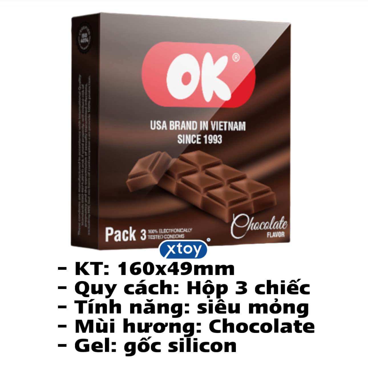 Bao cao su ok hương socola chocolate 49mm - hộp 3 cái hoặc lẻ 1 bcs